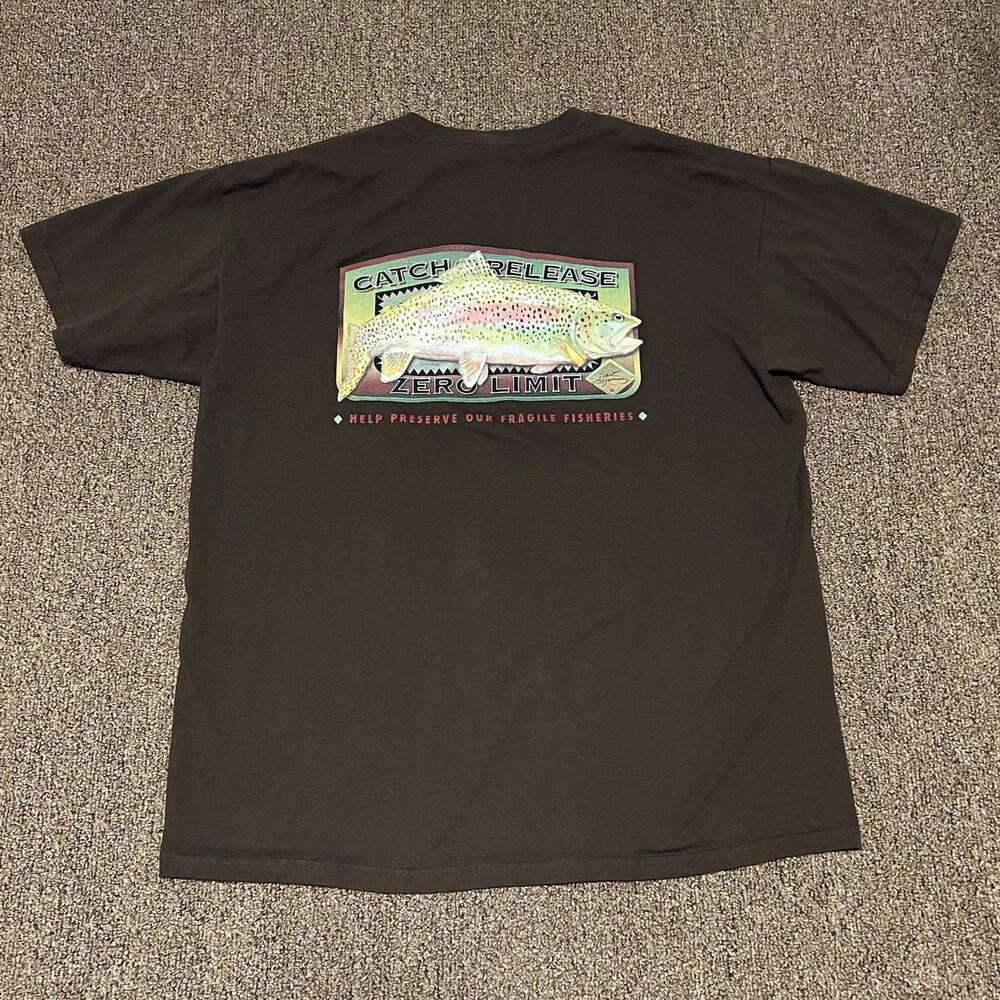Y2K Zero Limit Catch & Release Fly Fishing Gear Brown Shirt Trout Decal Size L